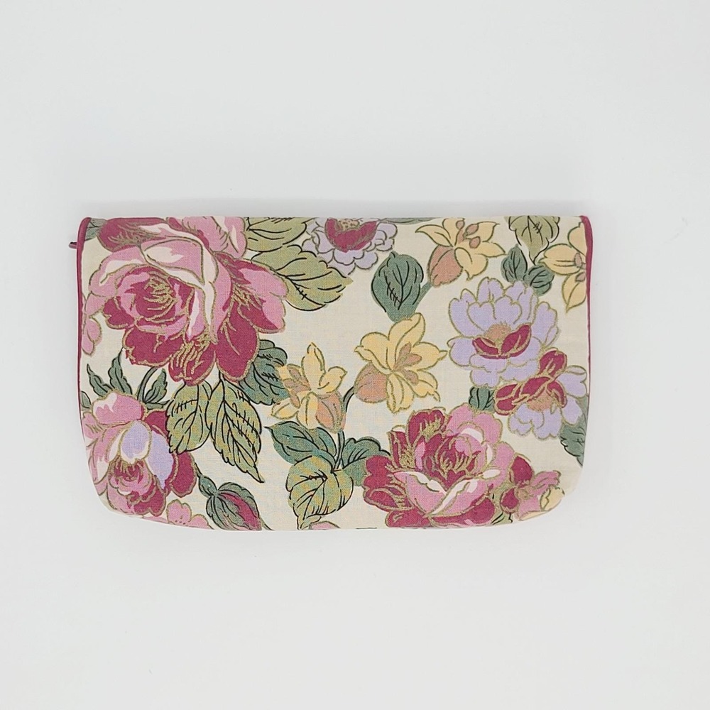 Vintage Gloria Vanderbilt Floral Makeup Bag Women 7in Burgundy Pink Green Pouch - Picture 3 of 4